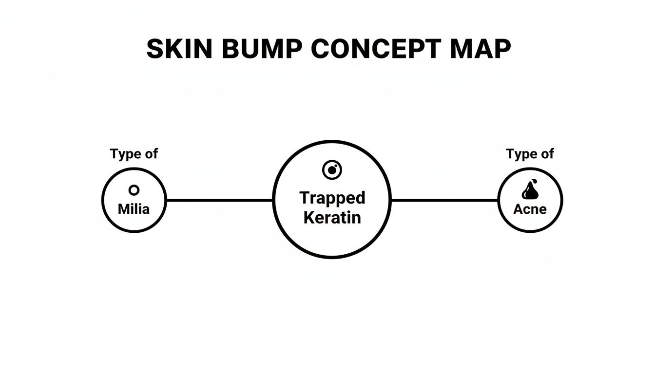A concept map showing milia and acne as types of skin bumps caused by trapped keratin.