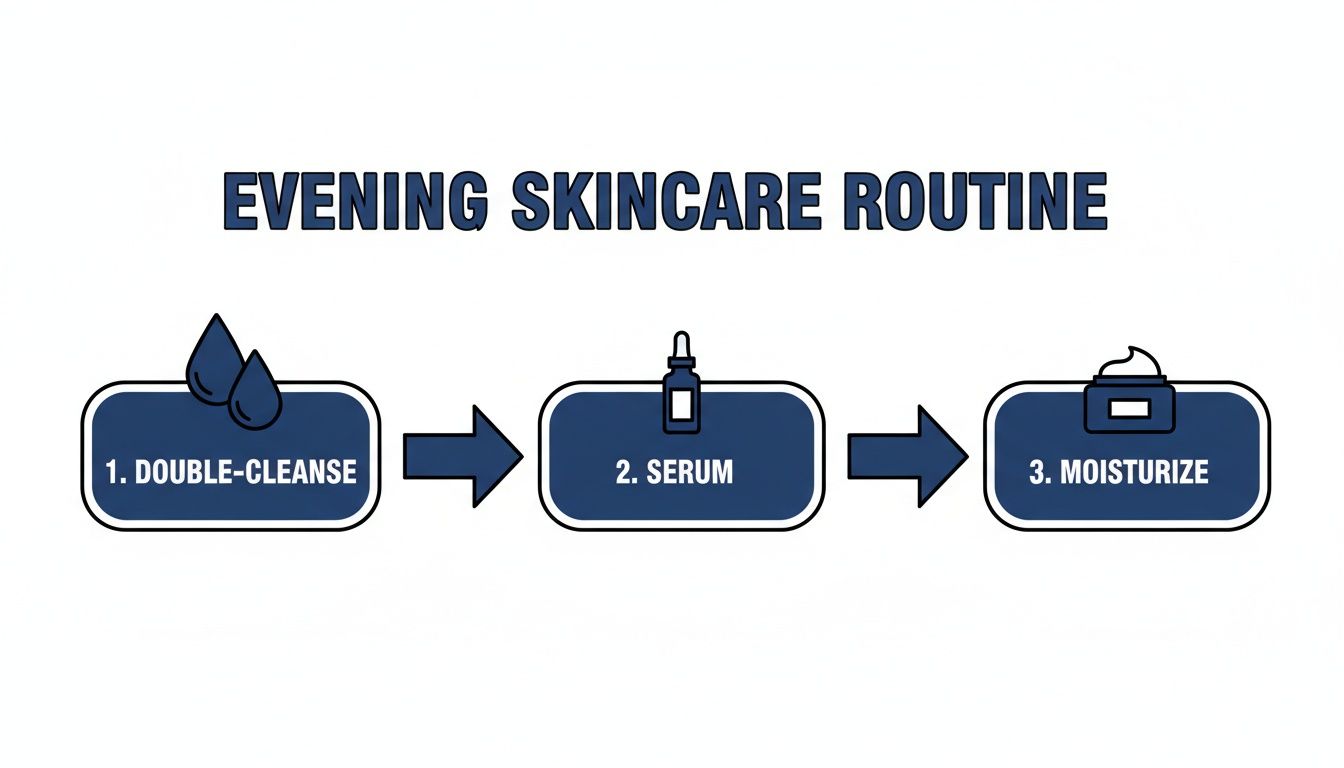 An infographic illustrating a three-step evening skincare routine: double-cleanse, serum, and moisturize.