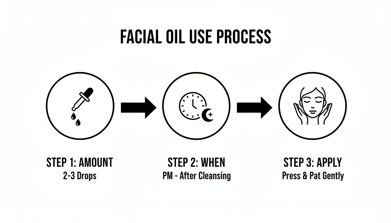 Diagram detailing the 3-step facial oil use process: amount, time, and application method.