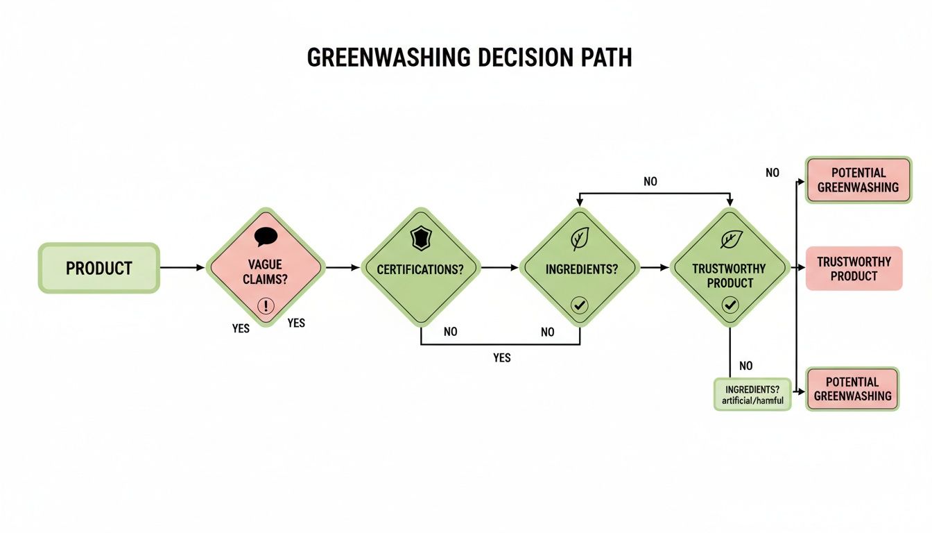 A greenwashing decision path flowchart evaluating products based on vague claims, certifications, and ingredients.