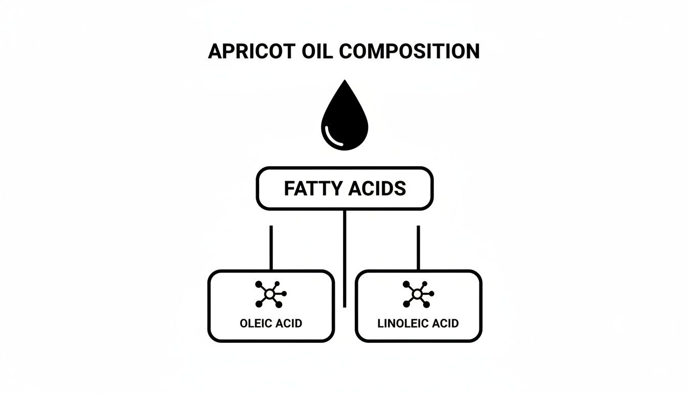 An infographic detailing the composition of apricot oil, specifically its main fatty acids: Oleic Acid and Linoleic Acid.
