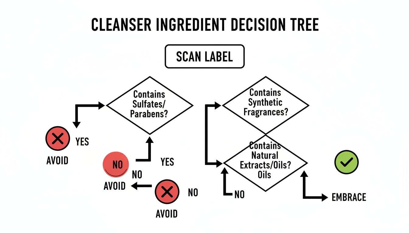 Flowchart showing a cleanser ingredient decision tree, guiding product choices based on harmful and beneficial ingredients.
