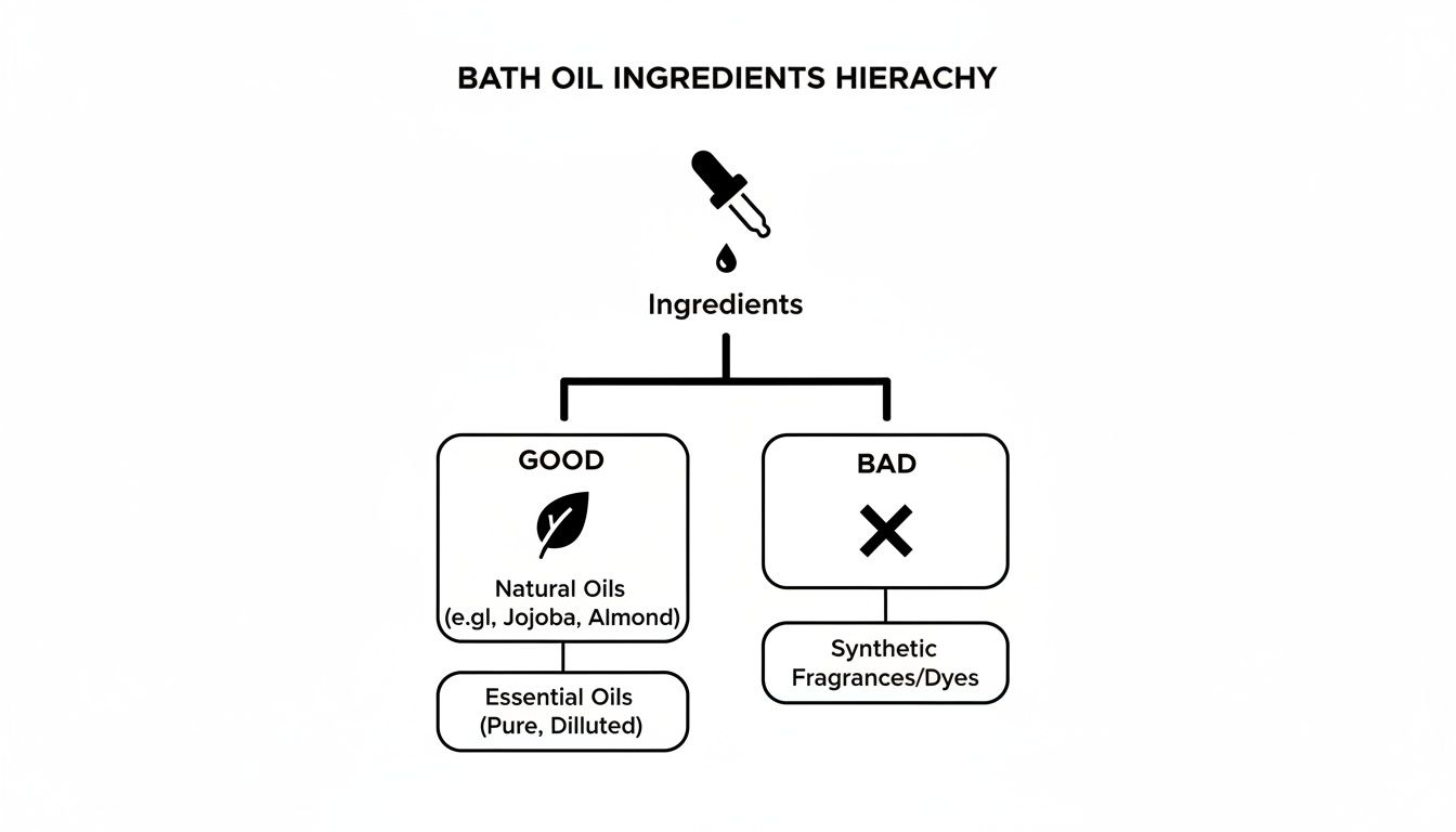Hierarchy chart of bath oil ingredients, categorizing good (natural oils, essential oils) and bad (synthetic fragrances/dyes).