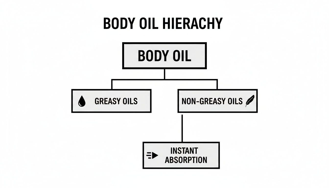 Body oil hierarchy chart categorizing oils into greasy and non-greasy, highlighting instant absorption for non-greasy types.