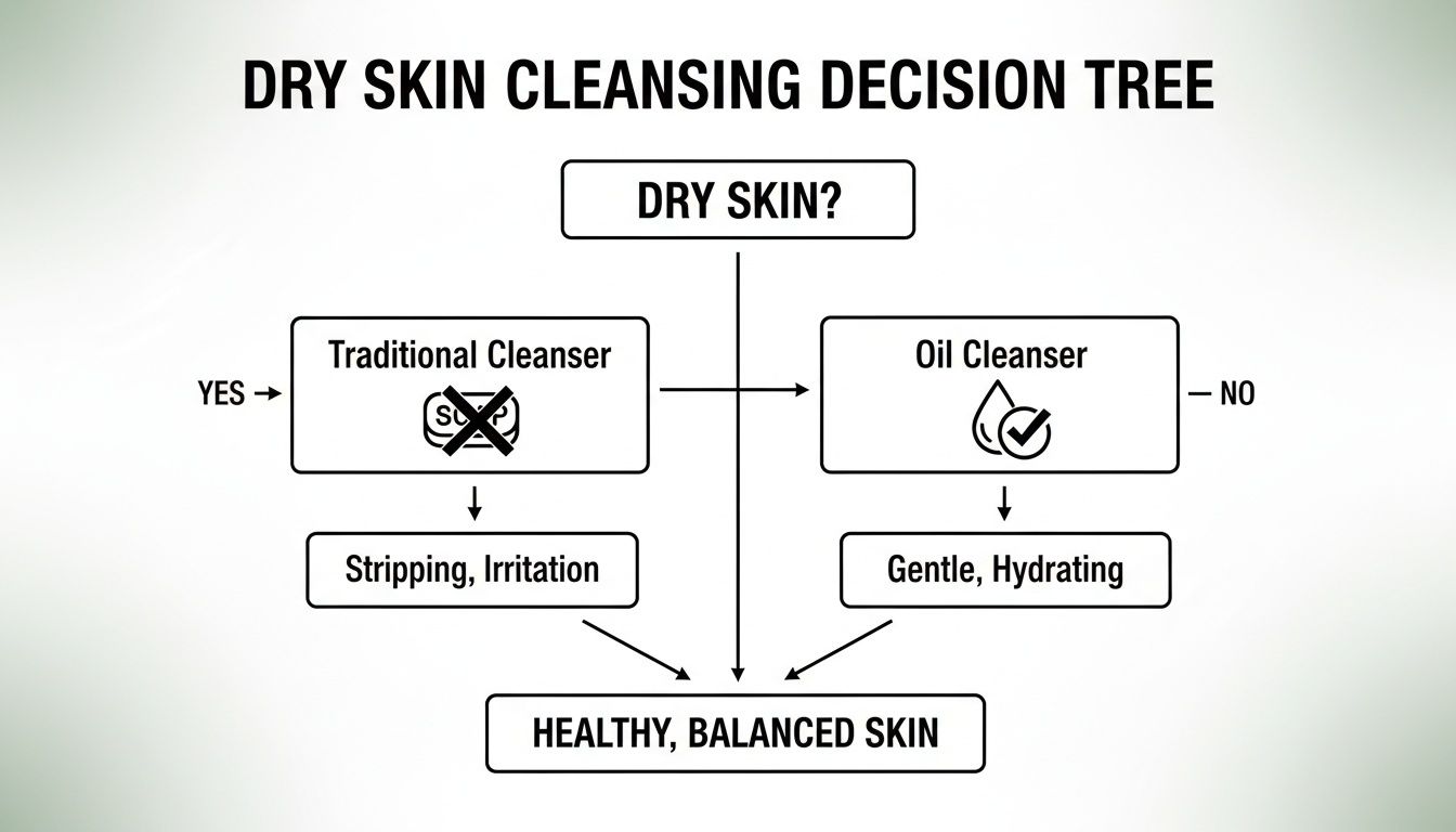 A decision tree flowchart illustrating cleansing options for dry skin, comparing traditional and oil cleansers.