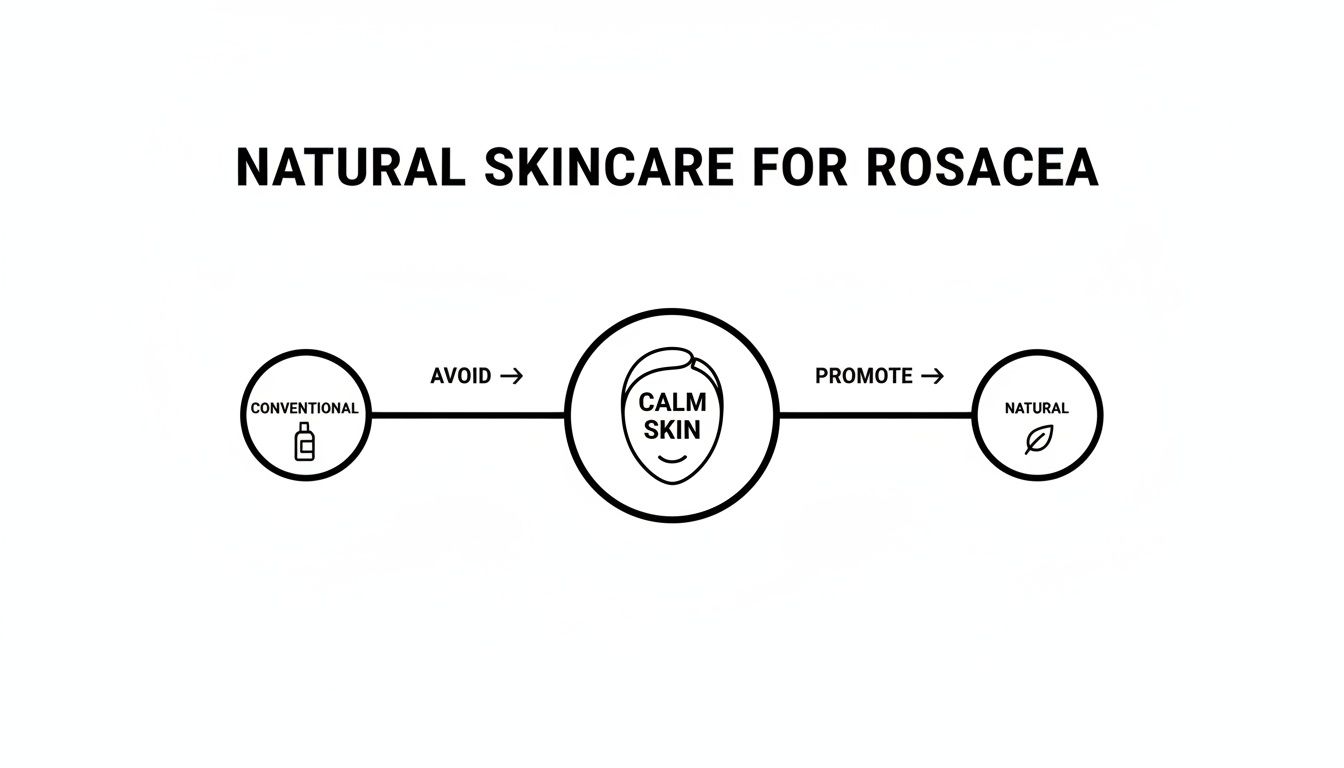 Diagram showing how to achieve calm skin for rosacea by avoiding conventional and promoting natural skincare.