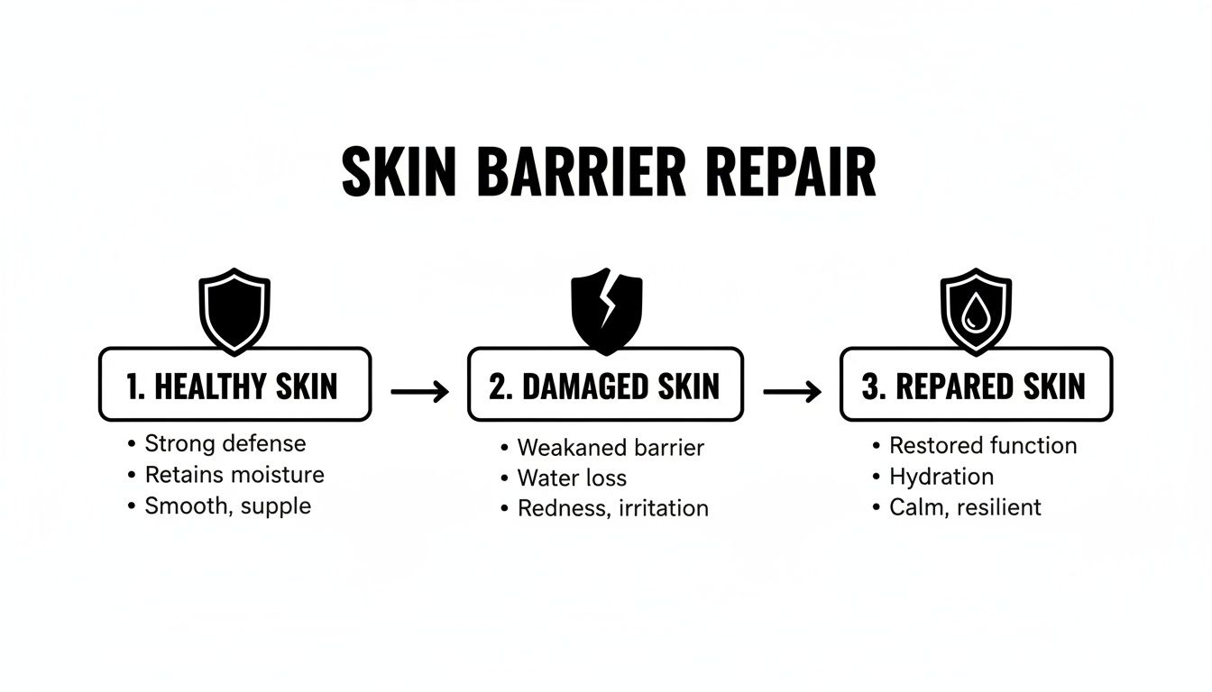 Infographic illustrating skin barrier repair, showing healthy, damaged, and repaired skin with their key features.