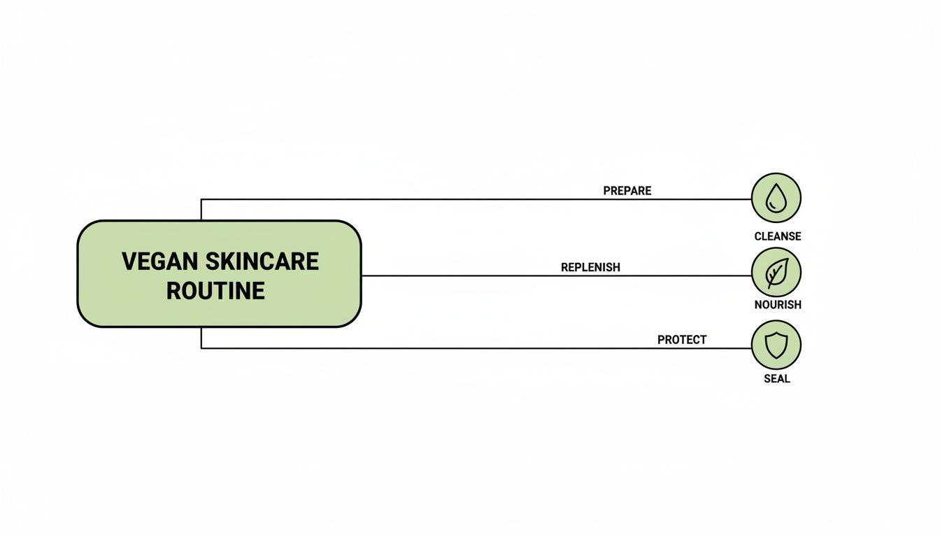 Diagram illustrating a vegan skincare routine with steps to prepare, replenish, and protect.
