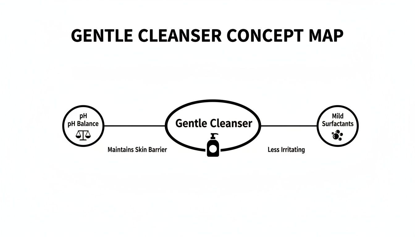 A concept map illustrating the key characteristics and benefits of a gentle cleanser, focusing on pH balance and mild surfactants.