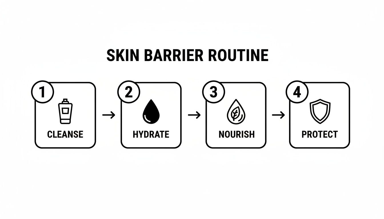 An infographic illustrating a four-step skin barrier routine: cleanse, hydrate, nourish, and protect.