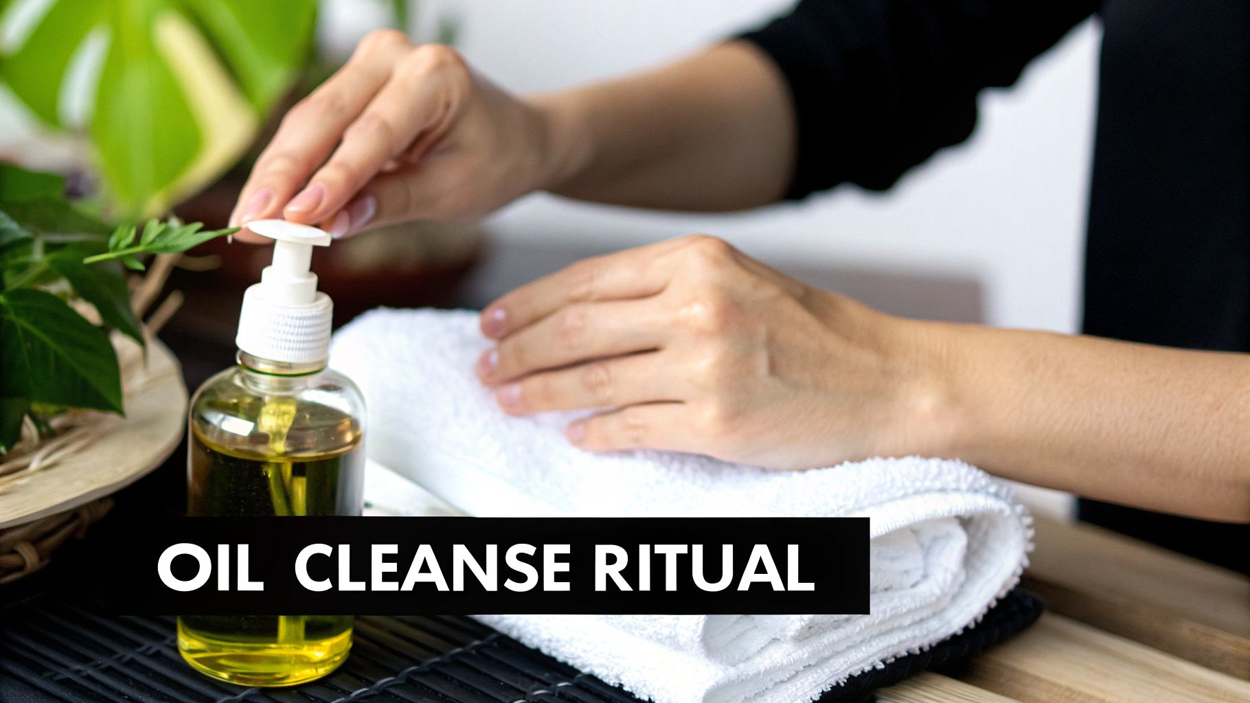 Hands performing an oil cleanse ritual with a bottle of oil cleanser and a white towel.