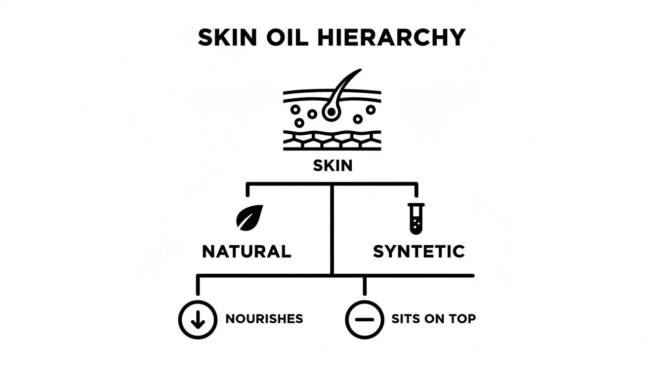 A hierarchy diagram explaining skin oil types, showing natural oils nourish the skin and synthetic oils sit on top.