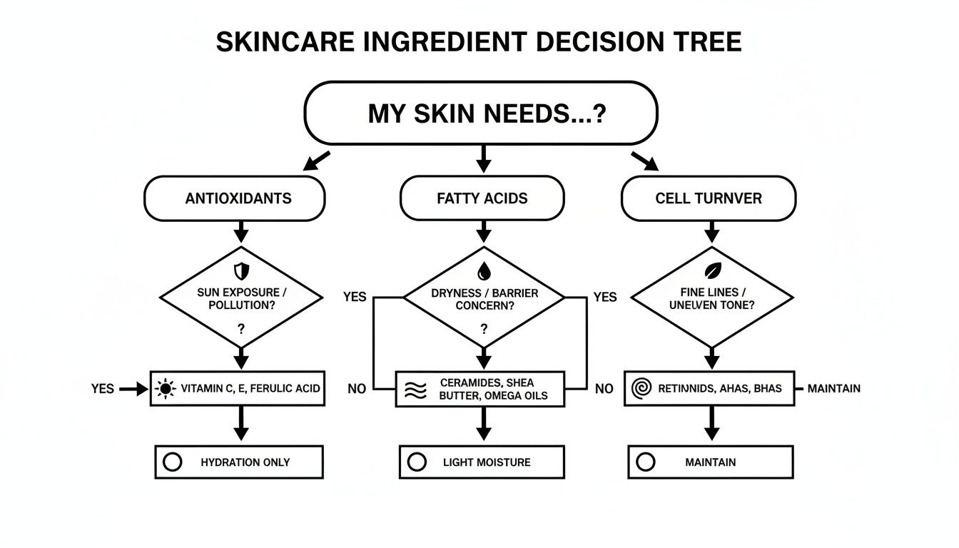 Decision tree flowchart guiding skincare ingredient selection based on skin needs for antioxidants, fatty acids, and cell turnover.