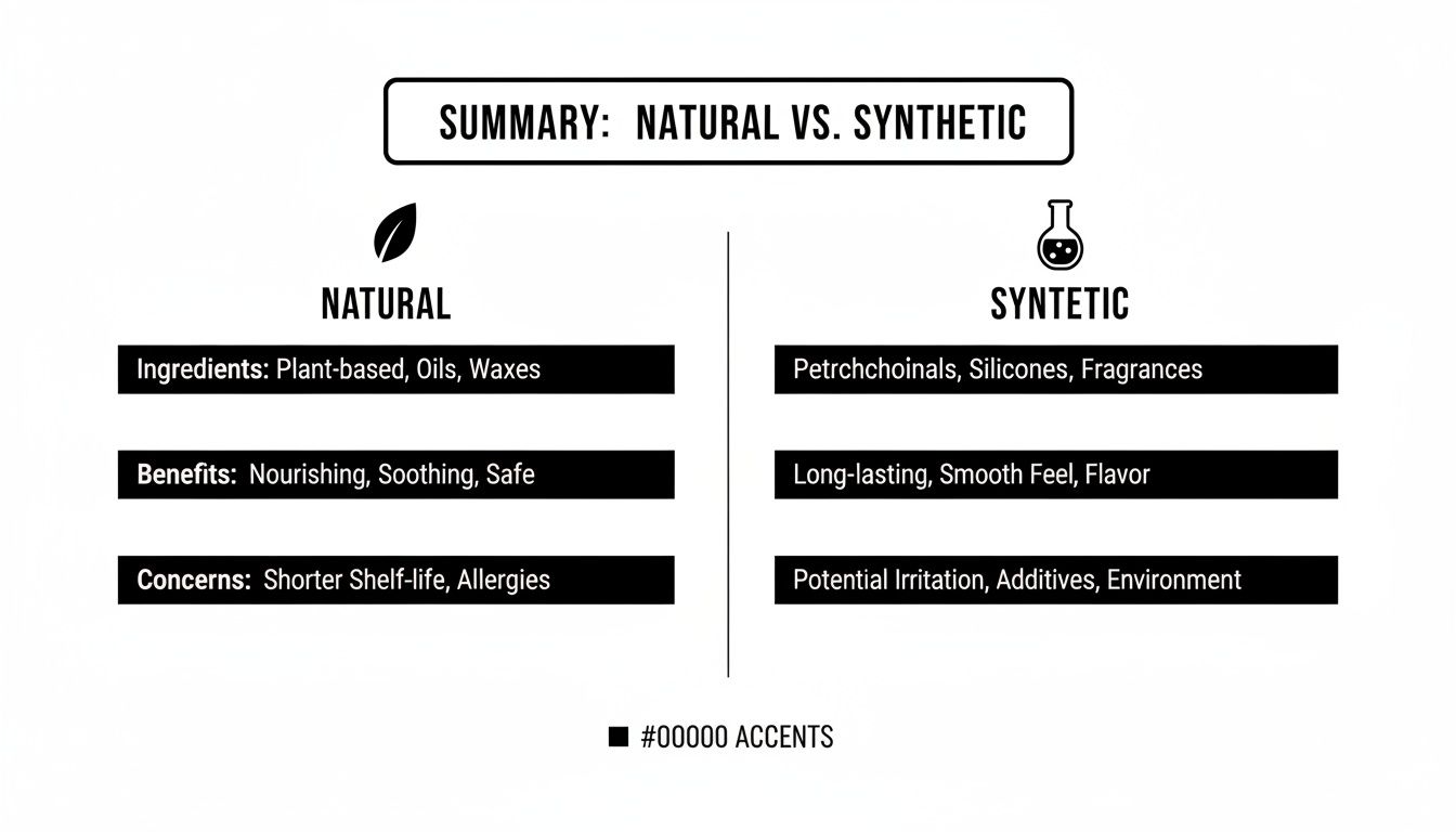 A comparison chart contrasting natural and synthetic ingredients, listing their characteristics, benefits, and concerns.