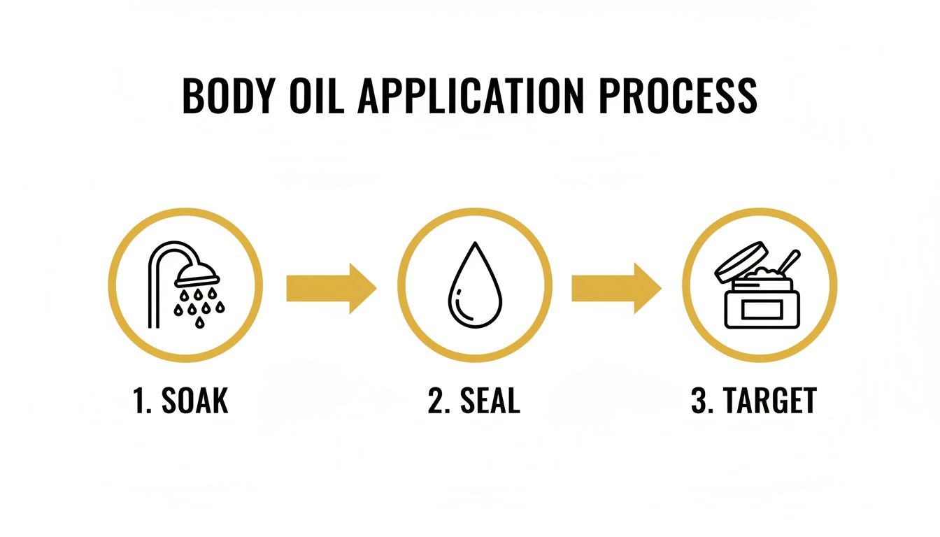 Diagram showing a three-step body oil application process including soaking, sealing, and targeting.