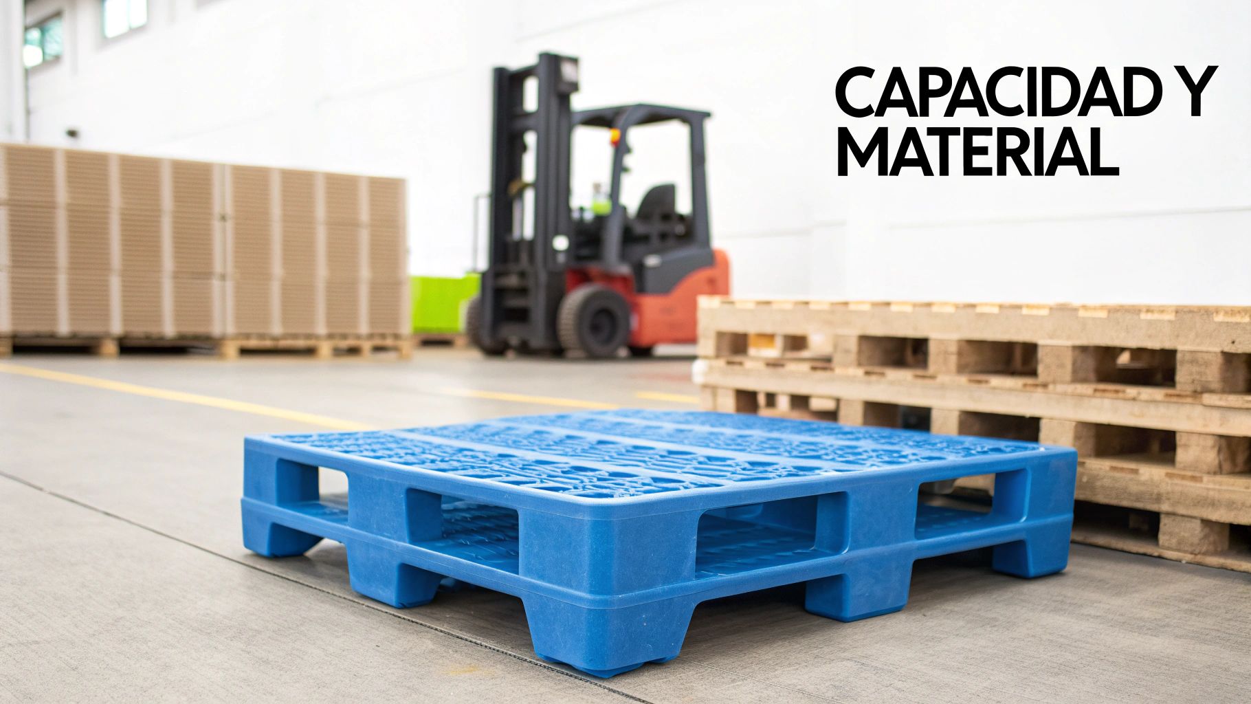 Un pallet de plástico azul en primer plano, con pallets de madera, cajas y un montacargas en un almacén.