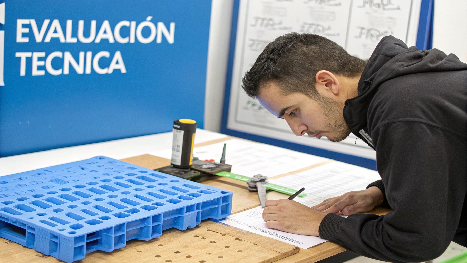 Joven técnico concentrado evaluando un diseño, escribiendo en papel con herramientas y una tarima azul.