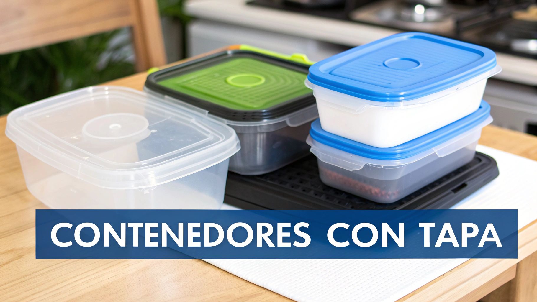 Varios contenedores de plástico para alimentos con tapa, algunos transparentes y otros de colores, sobre una mesa de madera.