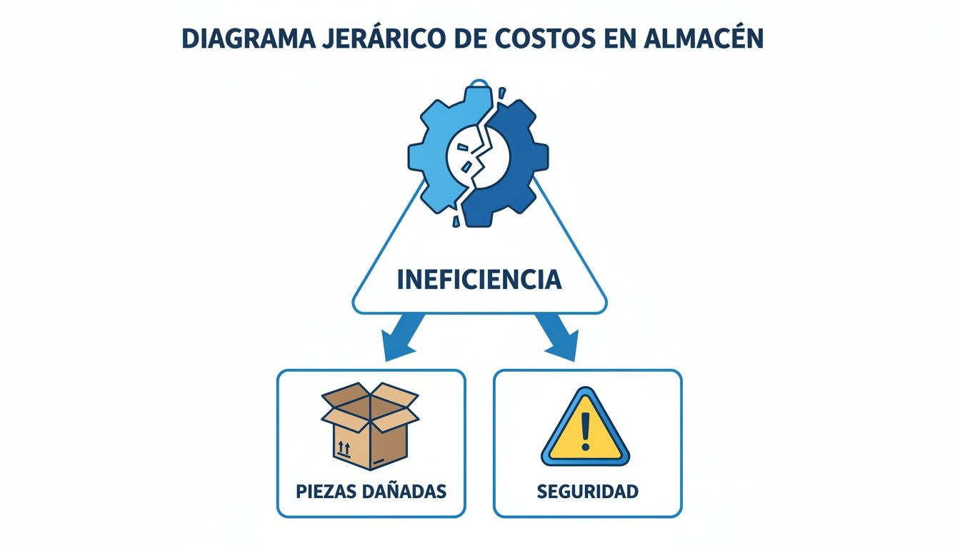 Diagrama jerárquico de costos en almacén que ilustra la ineficiencia que lleva a piezas dañadas y problemas de seguridad.