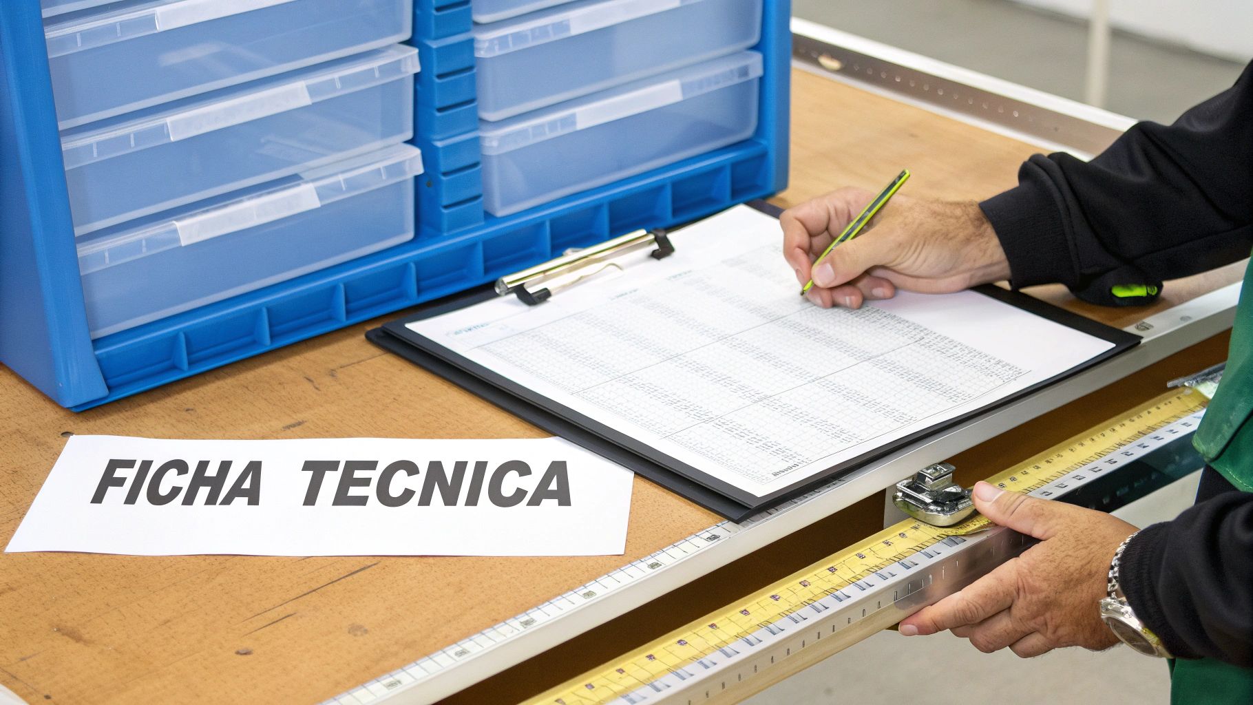 Hombre en un taller, escribiendo en una ficha técnica y midiendo. Se ven cajoneras de plástico azules.