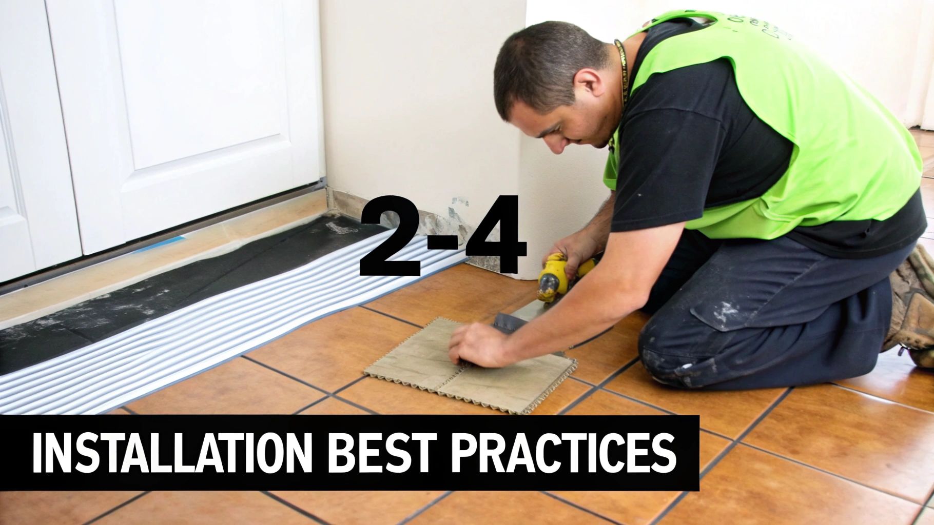 A worker kneels, installing radiant floor heating and new tile, applying adhesive with a tool.