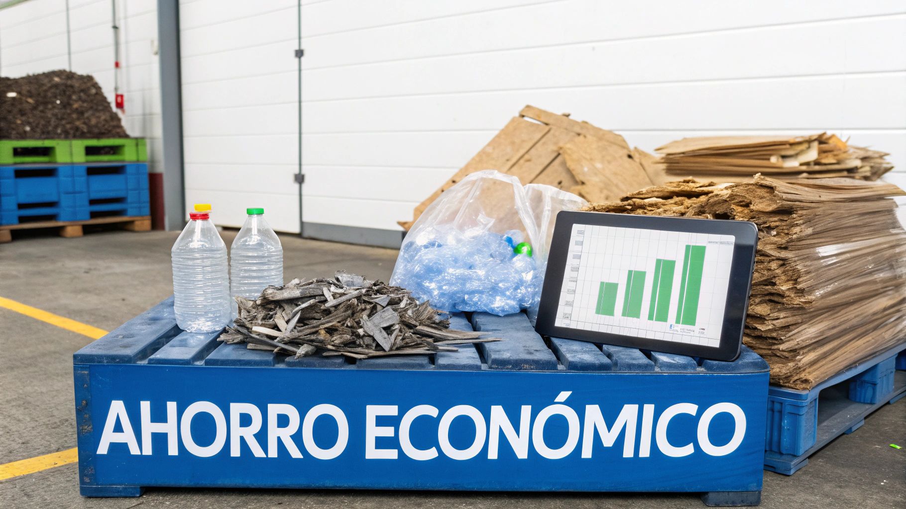 En una planta de reciclaje, plásticos y papel ilustran el ahorro económico con un gráfico.
