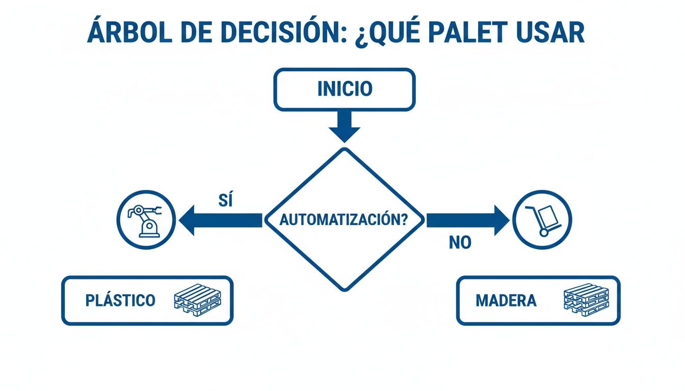 Árabbol de decisión simple para elegir entre palet de plástico o madera según la automatización del proceso.