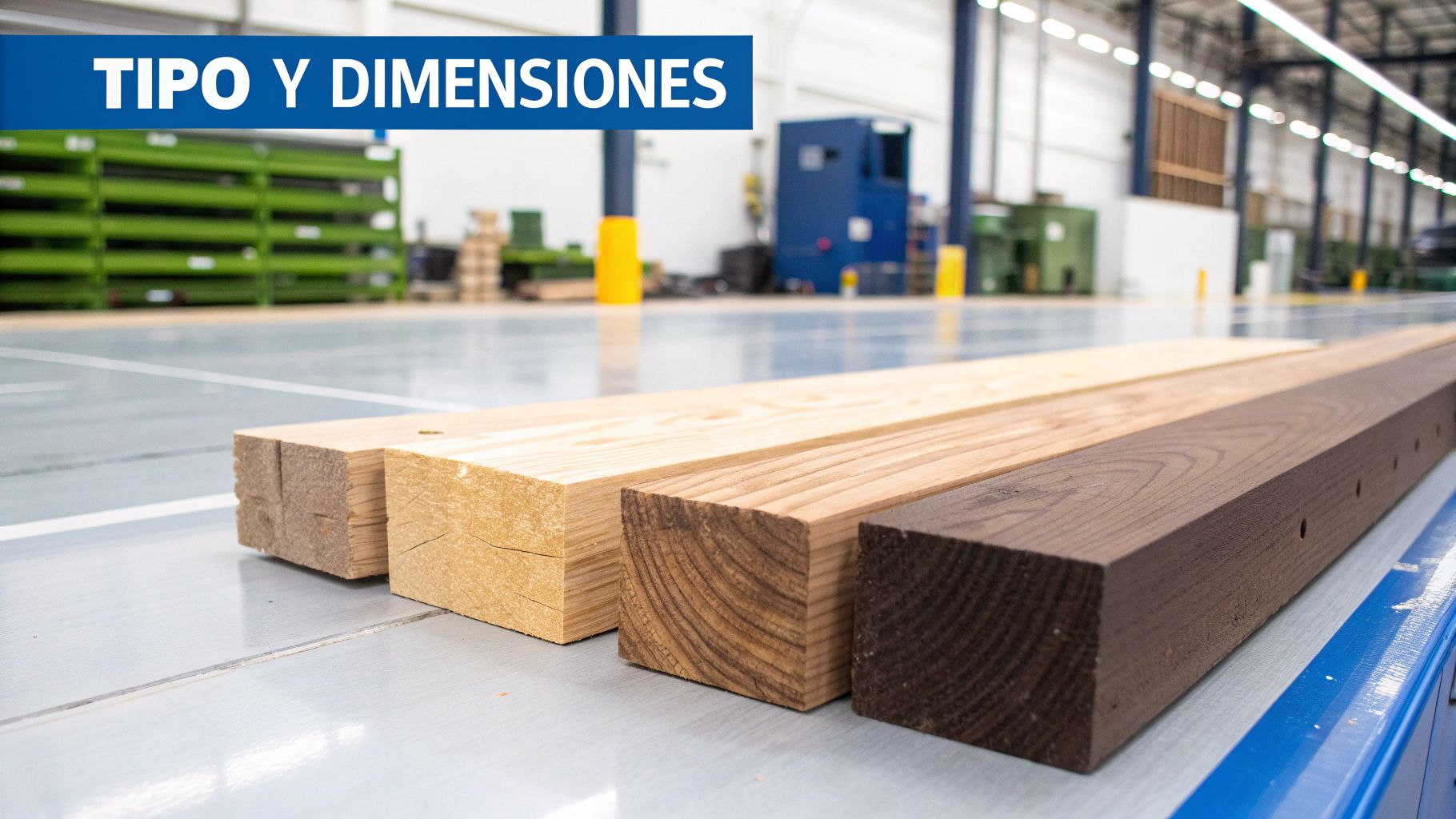 Imagen de cuatro barrotes de madera de diferentes tipos y dimensiones en un almacén.
