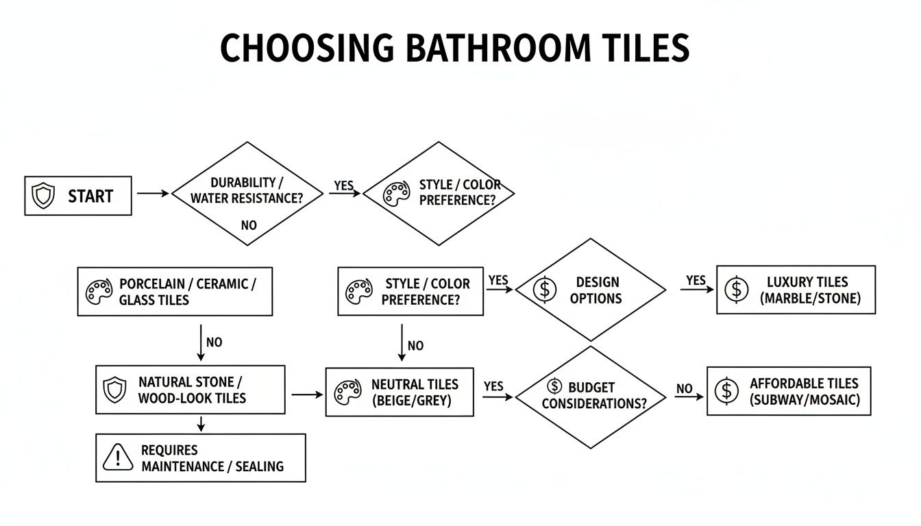 A flowchart guides users through choosing bathroom tiles, considering durability, style, budget, and tile types.