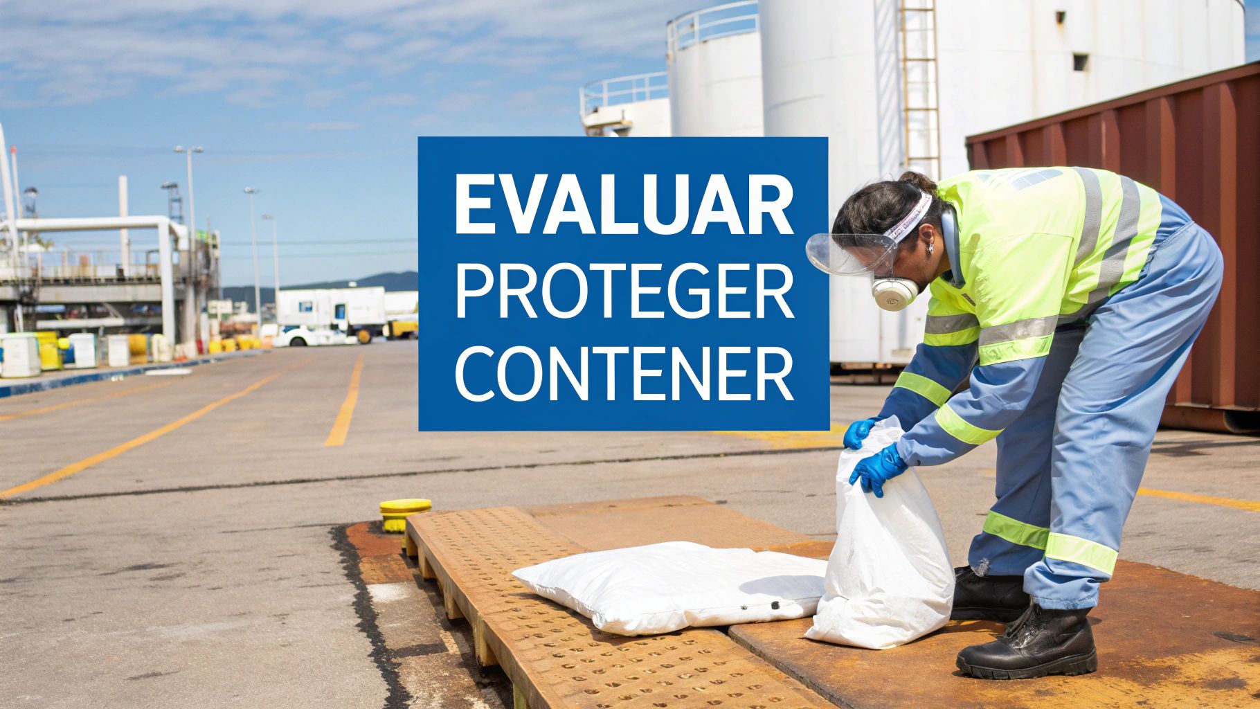Trabajador en equipo de protección personal realizando limpieza de derrames en un entorno industrial, con el cartel 'EVALUAR PROTEGER CONTENER'.