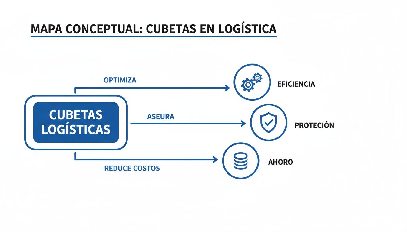 Mapa conceptual que ilustra los beneficios de las cubetas logísticas: optimización, protección y ahorro.
