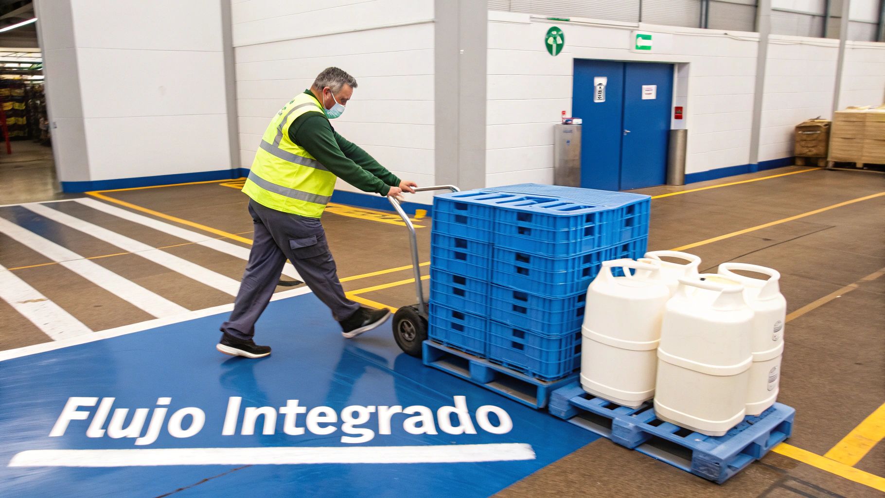 Trabajador empuja un carro de mano con cajas azules en un área de almacén, con señalización en el suelo.