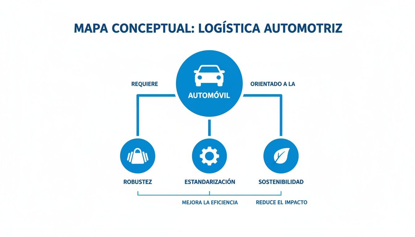 Mapa conceptual de logística automotriz mostrando requerimientos como robustez, estandarización y sostenibilidad.