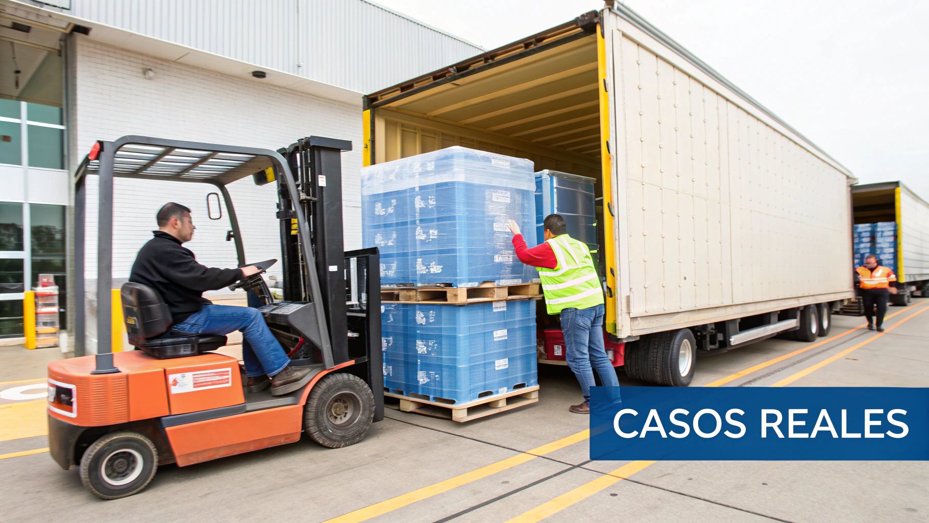 Trabajadores usando una carretilla elevadora para cargar palés de contenedores de plástico azules en un camión de reparto.
