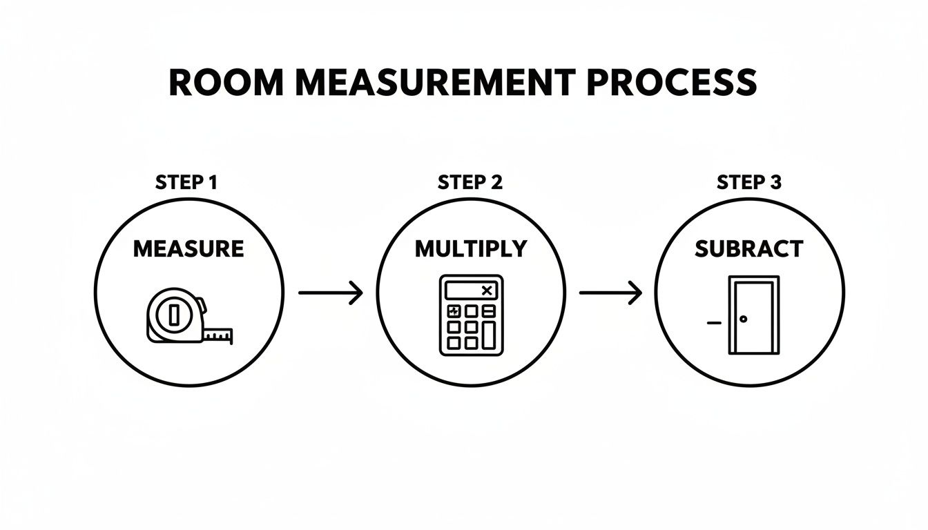 Diagram illustrating a room measurement process with three steps: measure, multiply, and subtract.