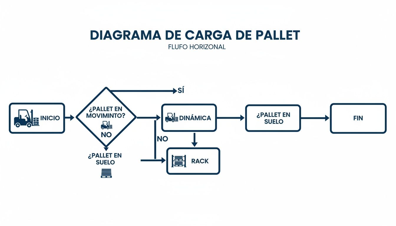 Diagrama de flujo que ilustra el proceso de carga y almacenamiento de palets, incluyendo decisiones de movimiento y ubicación.