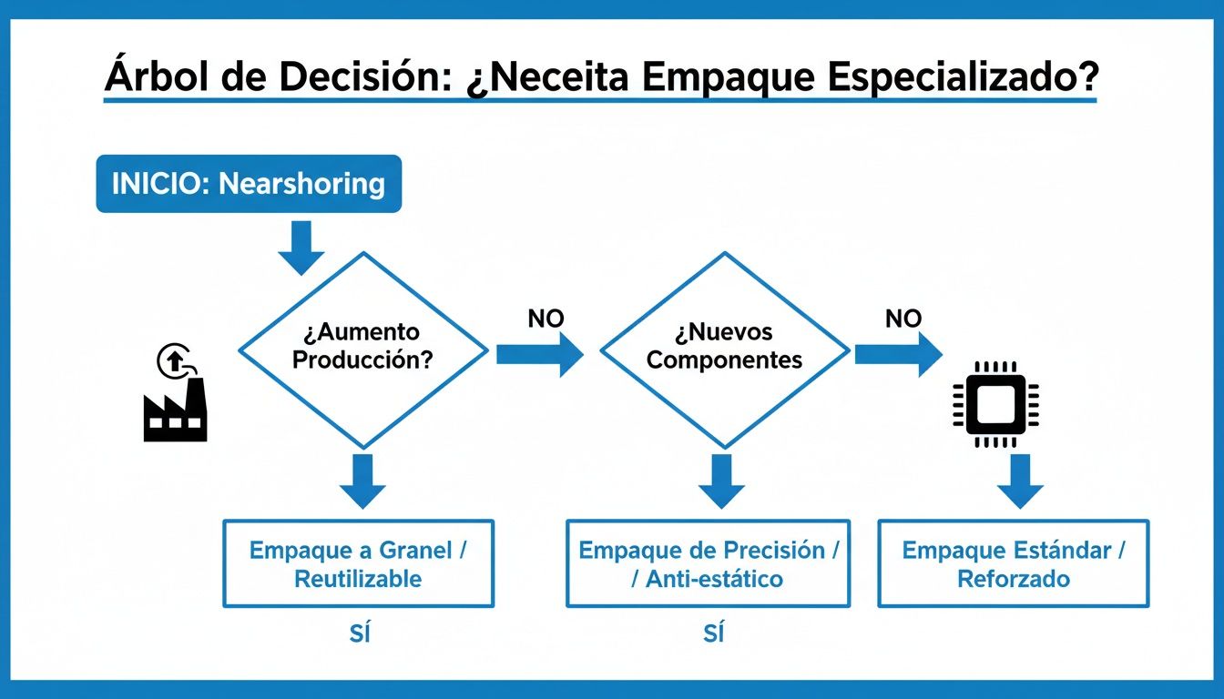Árbol de decisión sobre la necesidad de empaque especializado para nearshoring, considerando aumento de producción o nuevos componentes.