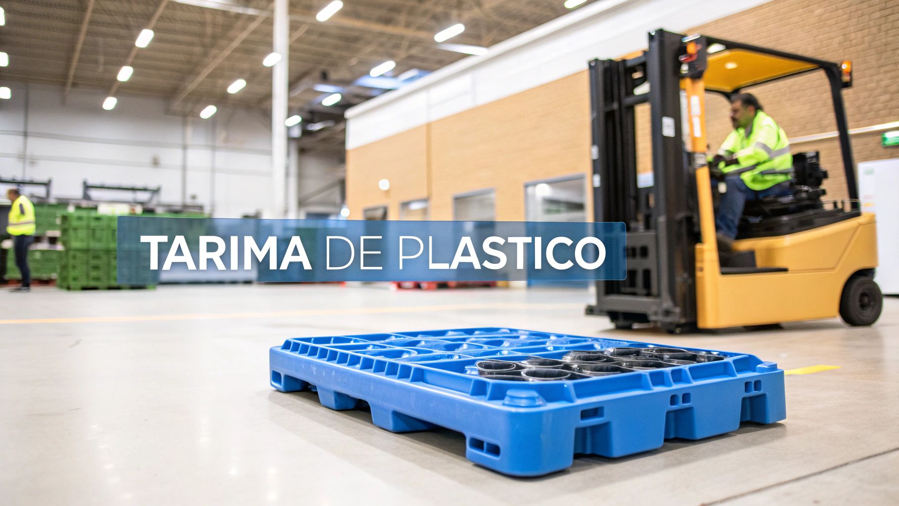 Tarima de plástico azul en el suelo de un almacén industrial, con un montacargas y un trabajador operando al fondo.