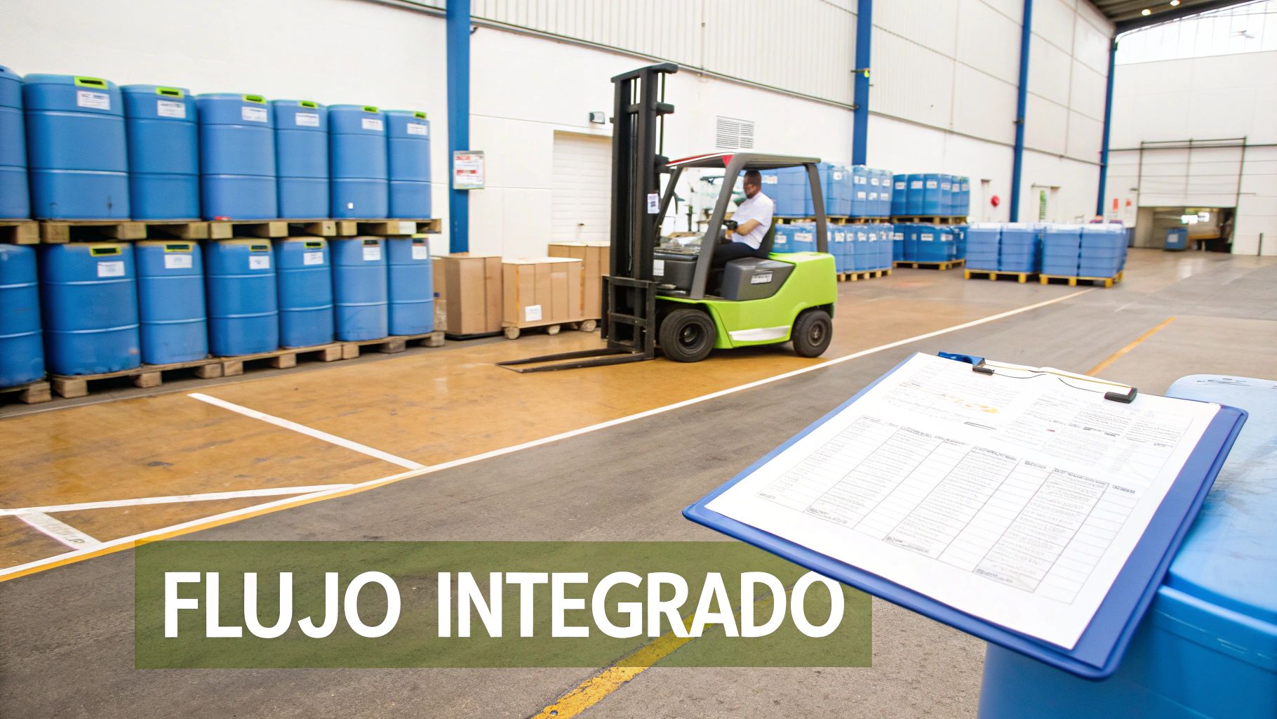 Grandes contenedores azules en paletas en un almacén, con un montacargas y documentos en primer plano.