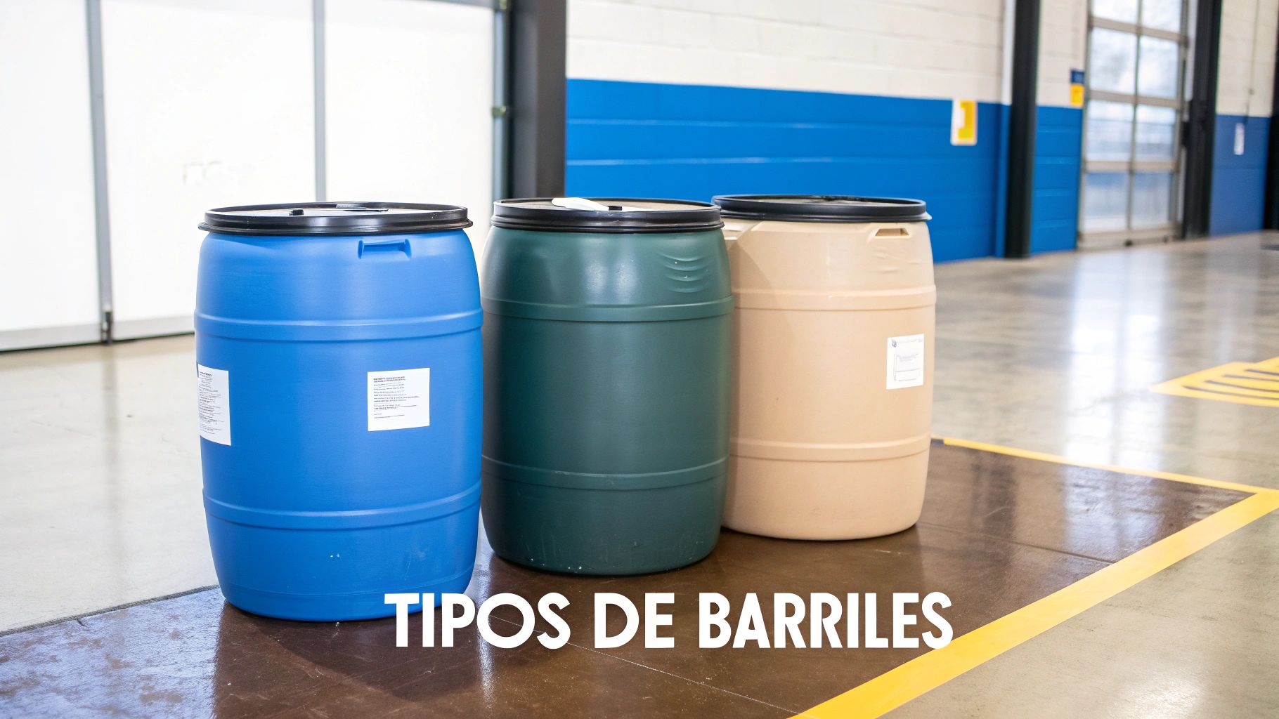 Tres barriles de plástico de diferentes colores (azul, verde, beige) en un entorno industrial para almacenamiento.