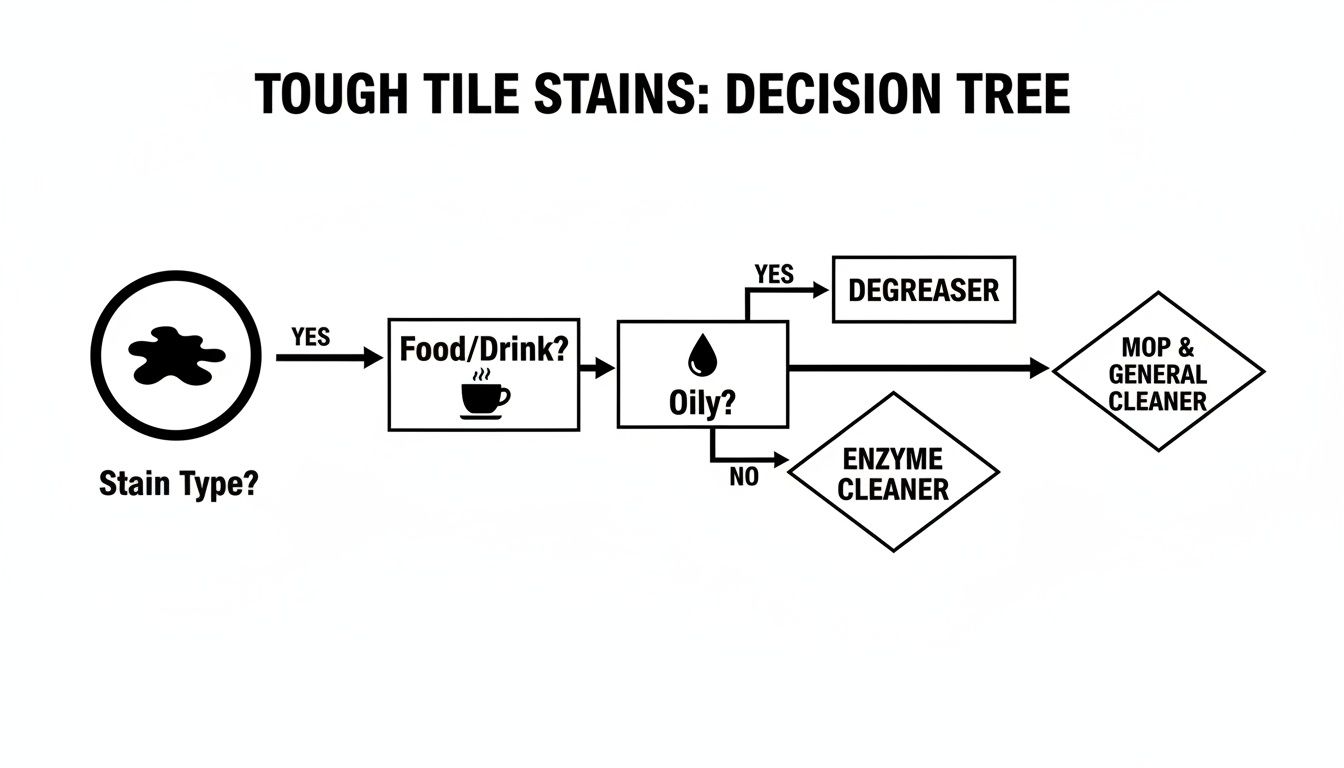 A decision tree flowchart for cleaning tough tile stains, guiding users on choosing cleaners based on stain type.
