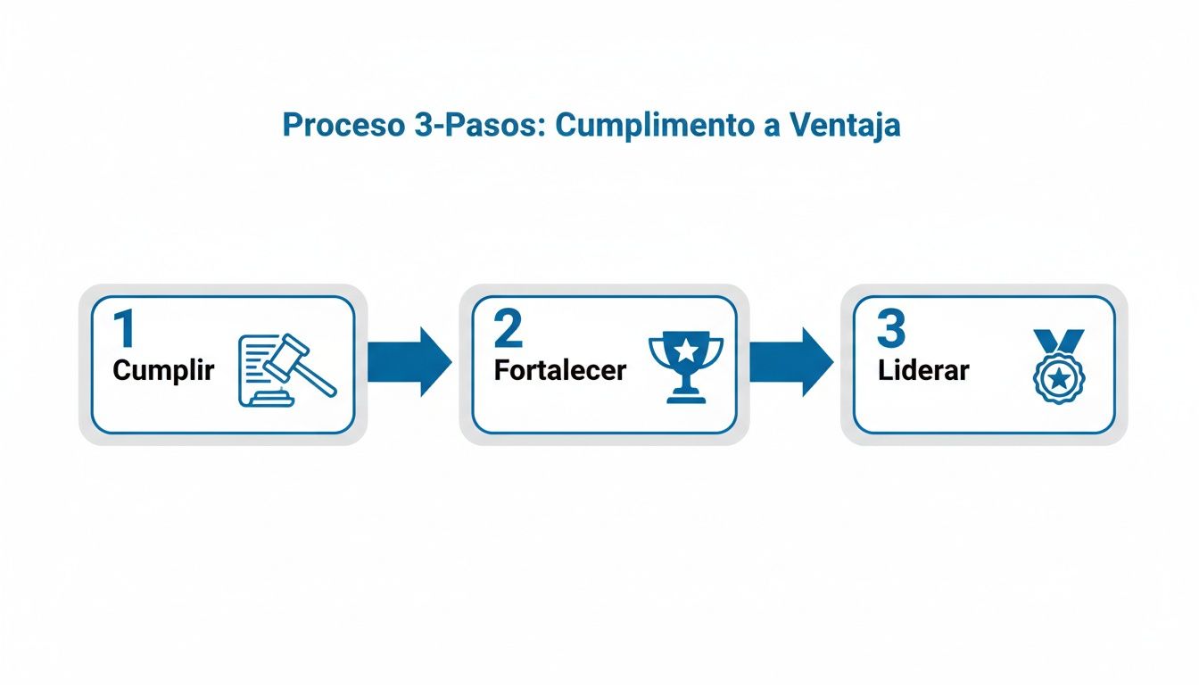 Diagrama de flujo de 3 pasos: Cumplimiento a Ventaja, mostrando etapas de cumplir, fortalecer y liderar con iconos.