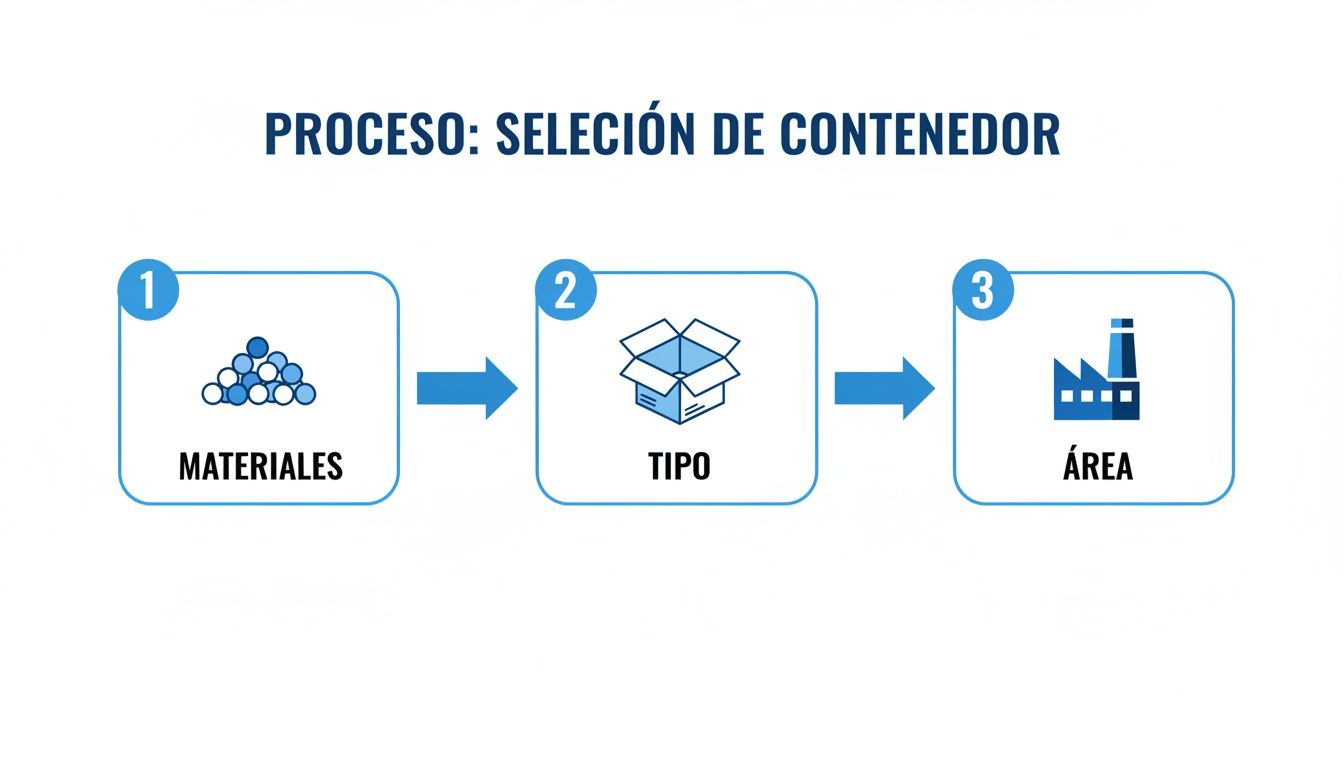 Diagrama de flujo que ilustra el proceso de selección de contenedores: materiales, tipo y área.