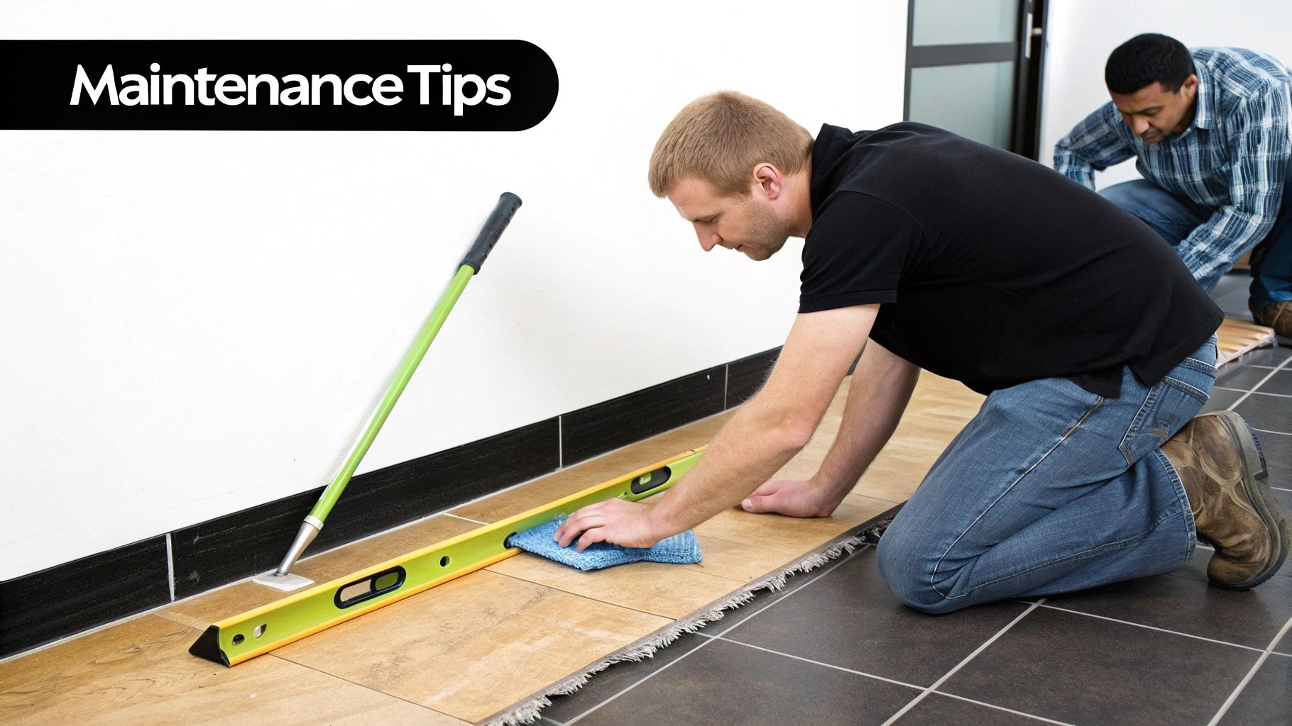 Two men installing new floor tiles, one using a level and cleaning, with 'Maintenance Tips' overlay.