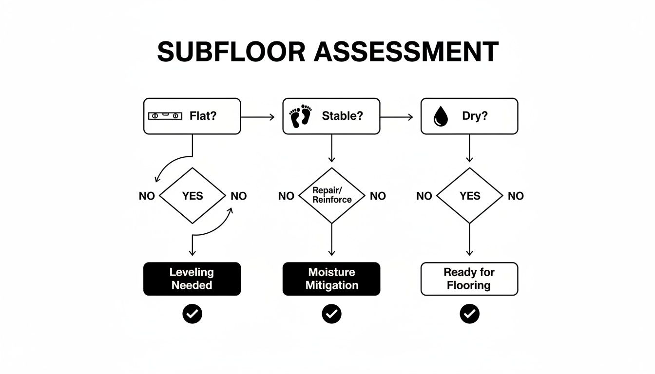 Flowchart for subfloor assessment, detailing checks for flatness, stability, and dryness, including corrective actions.