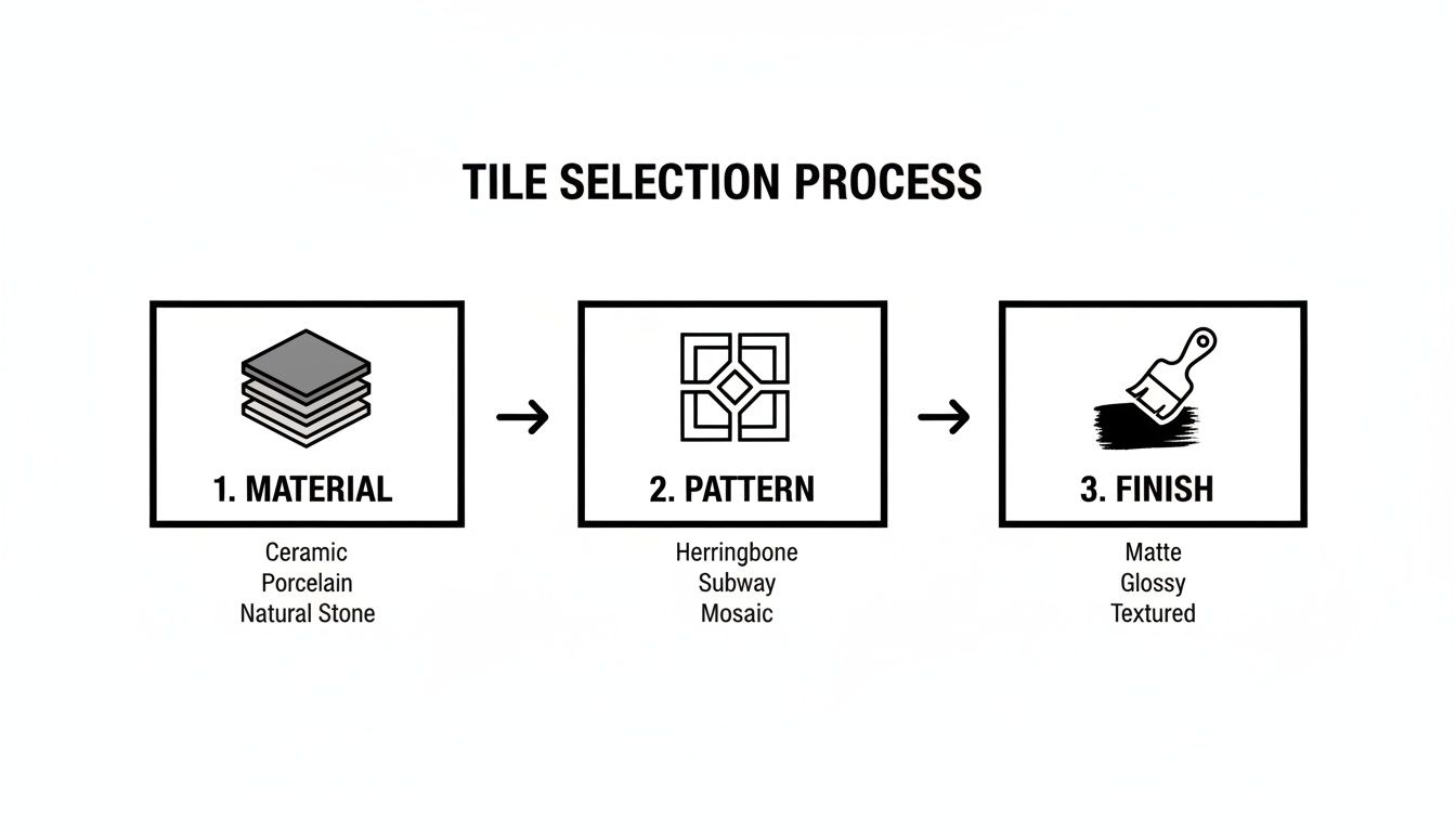 A diagram illustrating the tile selection process, including material, pattern, and finish options.