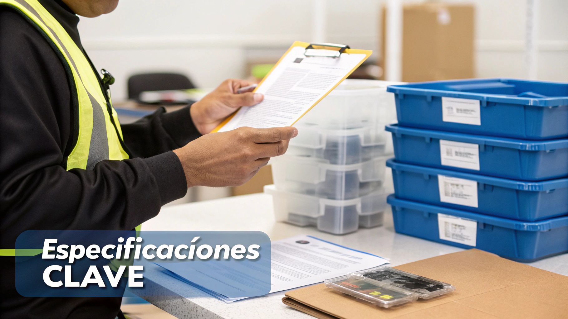 Persona con chaleco de seguridad leyendo documentos, con cajas de almacenamiento y texto "Especificaciones CLAVE".