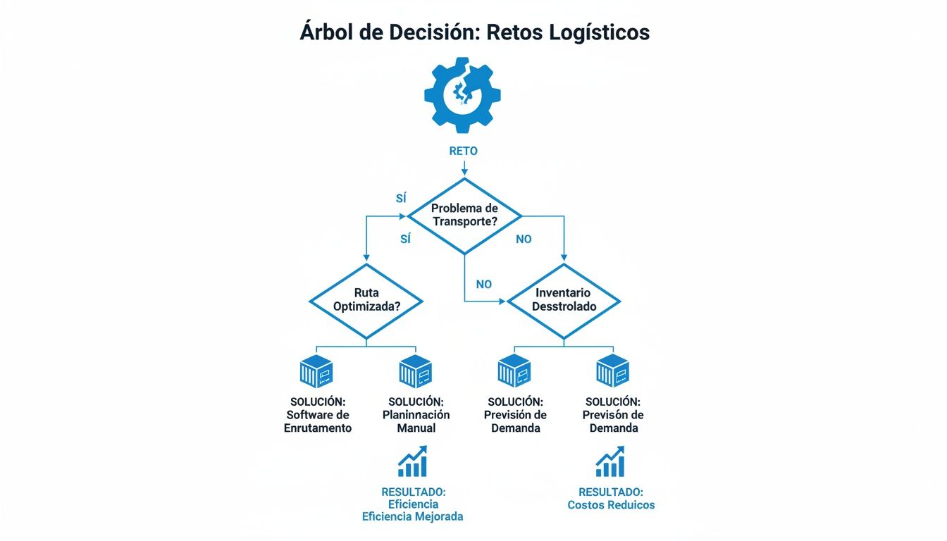 Árbol de decisión sobre retos logísticos, abordando problemas de transporte y optimización de inventario con soluciones y resultados.