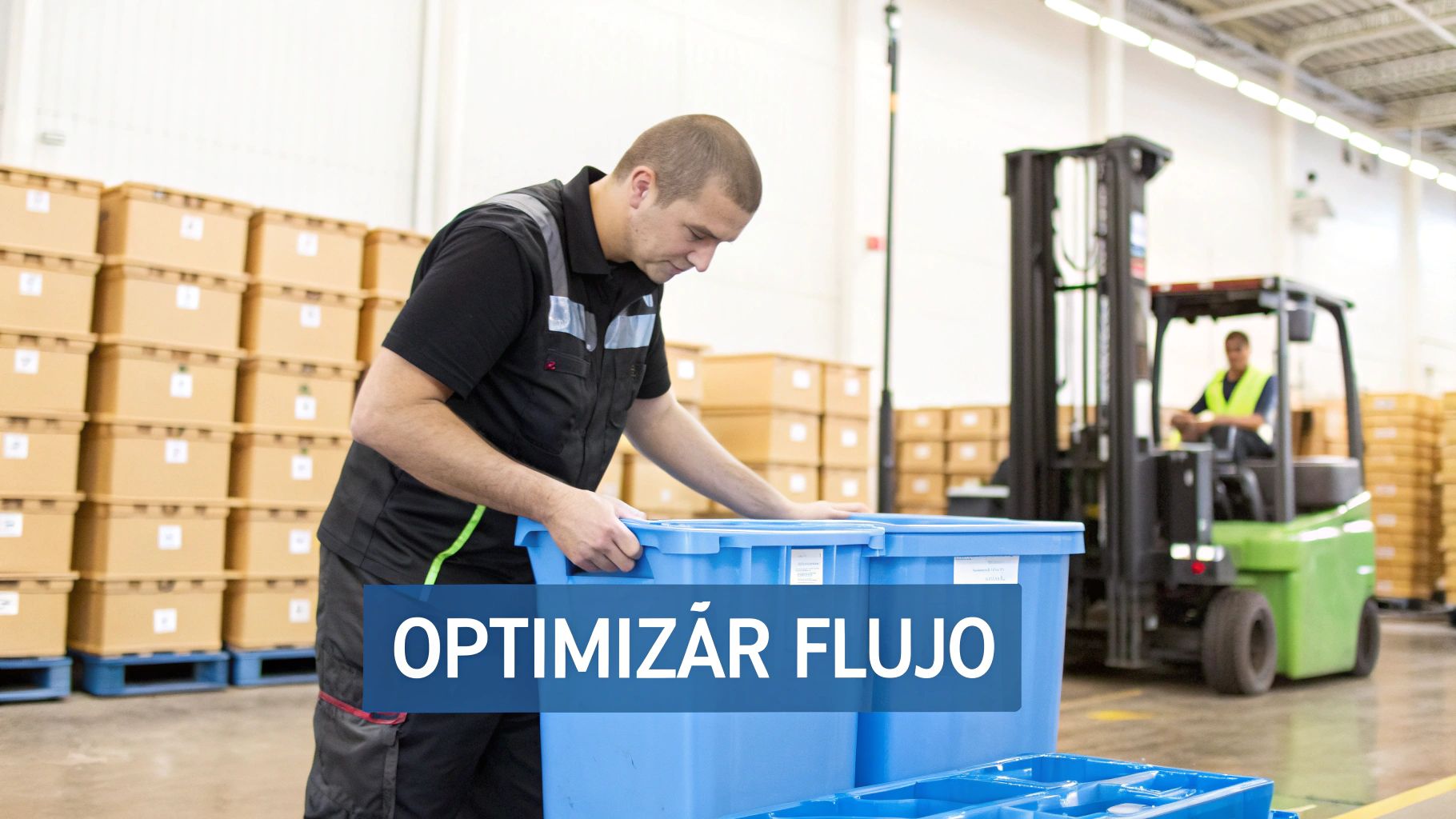 Hombre en almacén optimizando el flujo de trabajo con cubetas de plástico, cajas y montacargas.