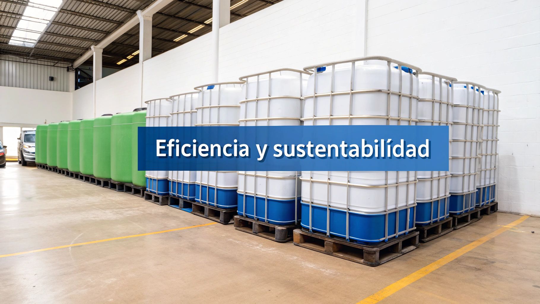 Almacén amplio con filas de contenedores IBC (totes) verdes y blancos apilados, resaltando eficiencia y sostenibilidad.